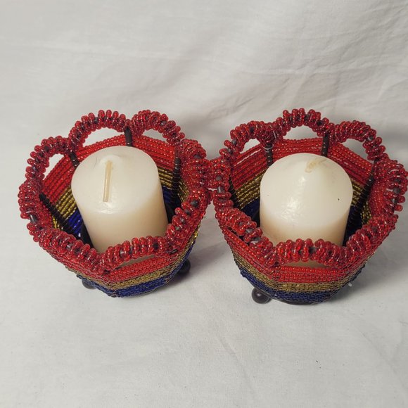 Beaded Retro Voltaire Candle Holder Boho Red Blue Yellow - Picture 2 of 9